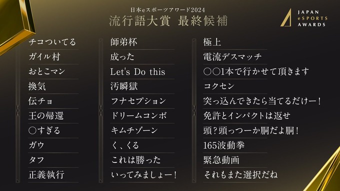 日本eスポーツアワード 流行語大賞2024、最終候補を発表―「師弟杯」「頭っつーか胴だよ胴！」…シーンを賑わせたワードが並ぶ